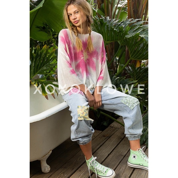 LAST ONE POL Pink Floral Print Wide Neck Lightweight Sweater Oversized - Picture 14 of 16